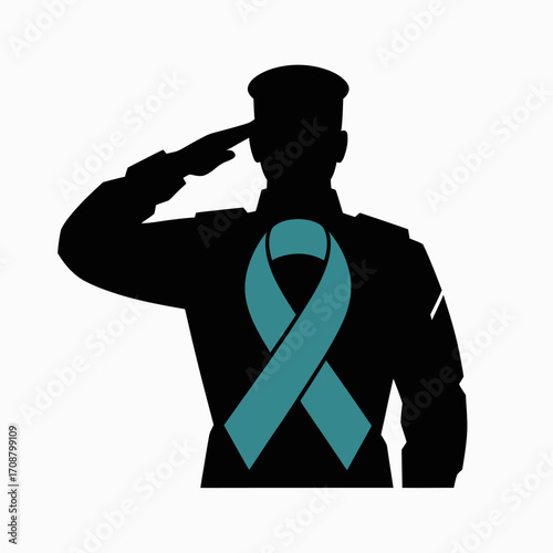 Silhouette of a soldier saluting with a teal awareness ribbon on chest