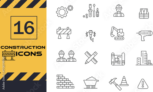 Set of 16 Construction Line Icons – Tools, Workers, Equipment, and Safety Symbols