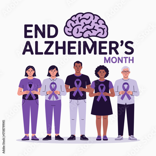Diverse group of people holding purple ribbons for alzheimer s awareness month