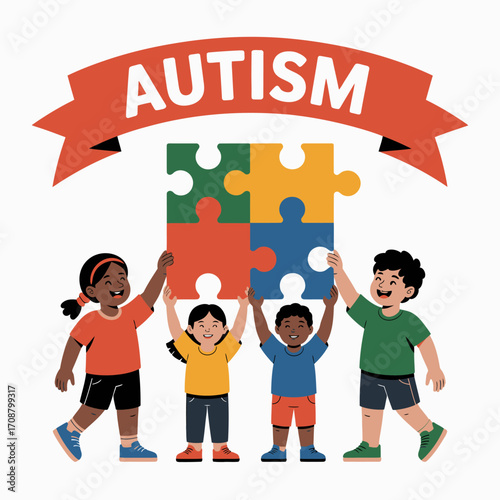 Diverse children holding up colorful puzzle pieces with autism ribbon banner