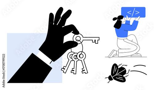 Large hand holds keys, female programmer writes code on screen, bug leaps, symbolizing debugging, coding, problem-solving. Ideal for cybersecurity, clean design, software development programming