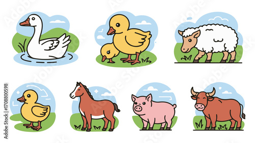 Cute farm animals cartoon vector set, Duck, horse, sheep, pig, cow, goose illustration for kids design
