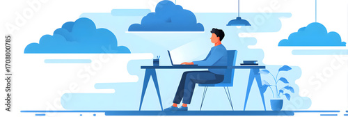Man working on laptop at desk with clouds in background.