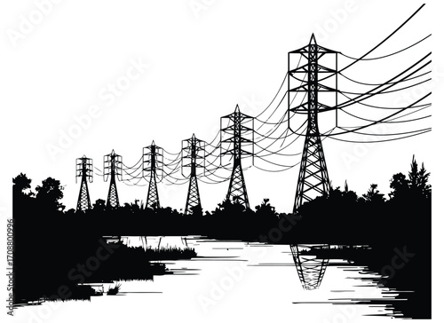 Electrical transmission tower vector illustration, high voltage power line vector, electricity pylon silhouette, energy grid infrastructure, utility tower design, industrial power distribution network