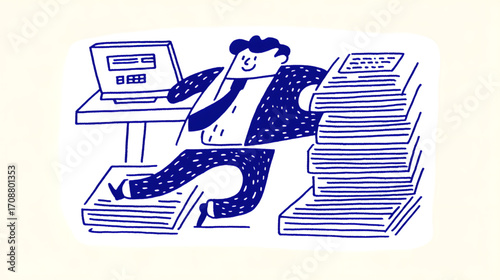 Overwhelmed Office Worker Surrounded by Paperwork and a Computer.