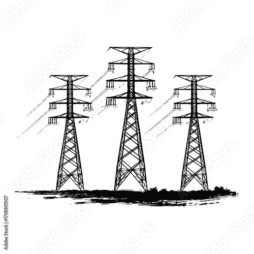 High voltage electrical transmission tower icon vector, power line silhouette, industrial energy grid infrastructure, electricity pylon vector icon silhouette vector, utility tower and power distribut