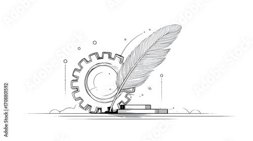 Gear and feather illustration representing technology and writing concept.