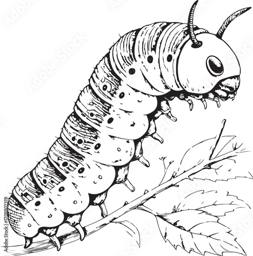 Tomato hornworm Pest Farm Insect Vector Illustration, Sketch Drawing Line Linear Symbol Icon Engraving Coloring Book, Hand-drawn Doodle Black and White Isolated