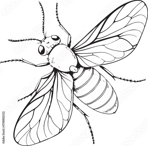 Whitefly Pest Farm Insect Vector Illustration, Sketch Drawing Line Linear Symbol Icon Engraving Coloring Book, Hand-drawn Doodle Black and White Isolated