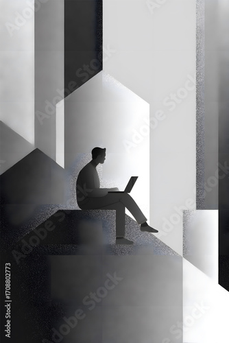 Man sitting on a ledge working on a laptop.