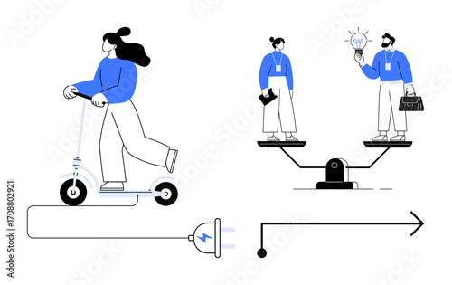 Woman rides electric scooter with visible plug, and two coworkers balance ideas on a seesaw. Ideal for innovation, teamwork, sustainability, mobility, modern work, energy efficiency, simple flat