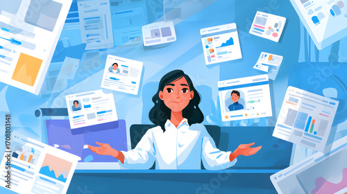 Woman surrounded by documents and data managing information overload.