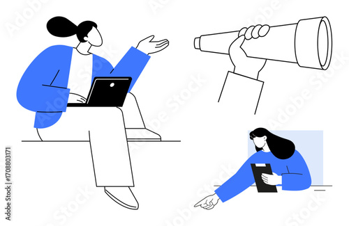 Female character with laptop pointing out concepts, hand holding a telescope exploring future, and note review. Ideal for brainstorming, planning, research, vision, teamwork, strategy simple landing
