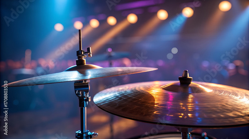 Close up of drum cymbals on a stage with colorful concert lights