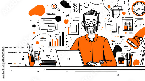 Man working on laptop focused on task modern workspace productive individual creative professional.