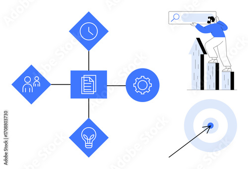 Interconnected icons include teamwork, time management, innovation, and operations surrounding a document. A person examines goals with a search bar and bar chart, leading to a target. Ideal