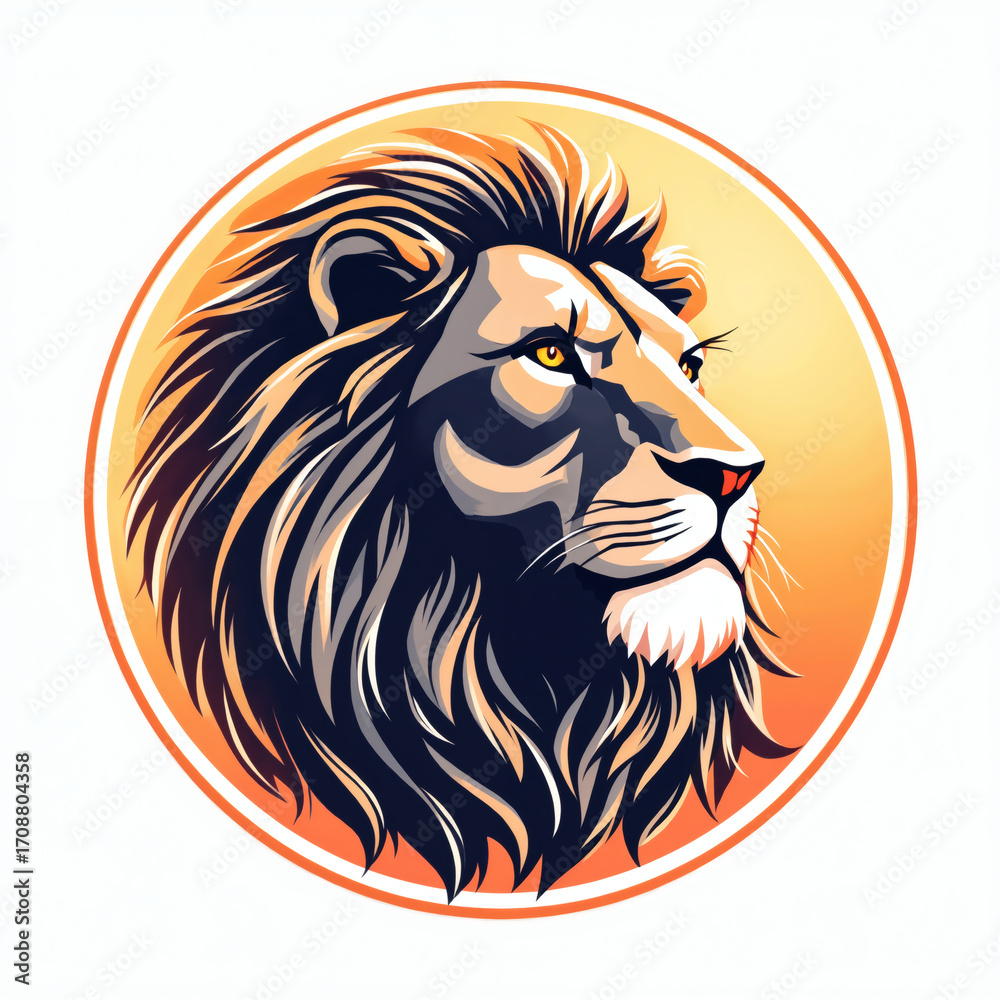 Obraz premium Majestic Lion Head, Warm Sunset Style, Powerful and Regal Vector Illustration