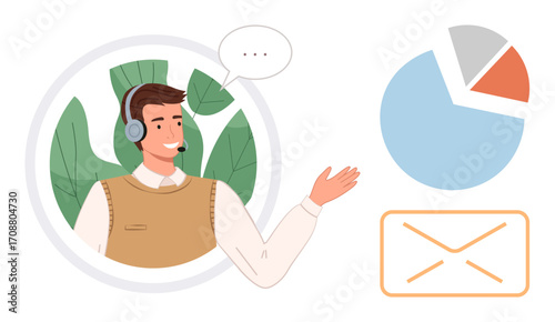 Smiling customer service agent with headset presenting pie chart and envelope, indicating communication and data analysis. Ideal for customer support, remote work, office, presentation, education