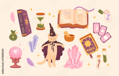 Cute magic collection in purple, pink, green, beige colors. Cat in wizard costume, books with spells, tarot cards, crystals, crystal ball, hourglass. Cozy magic vibe. For stickers, poster, card