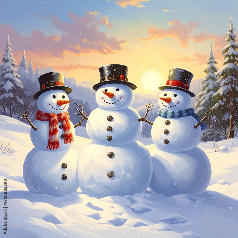 Obraz premium Three snowmen in winter landscape