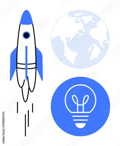 Rocket igniting upward, globe symbolizing worldwide reach, lightbulb for innovation. Ideal for startups, technology, space exploration, entrepreneurship, creativity, global business simple landing