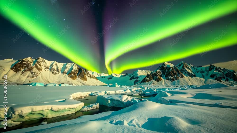 Spectacular aurora borealis dances over snow-covered mountains and ...