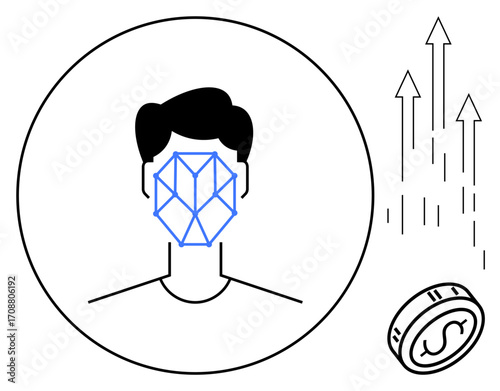 Human face with geometric recognition pattern, upward arrows, and coin. Ideal for technology, security, finance, AI, digital investment innovation and identity themes. Minimalist flat metaphor