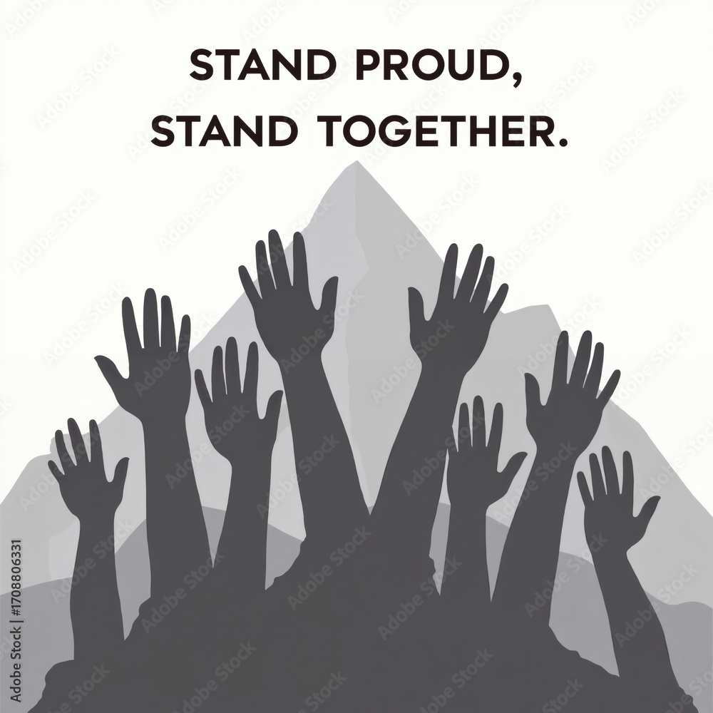 Fototapeta premium Hopeful Unity: Silhouetted Hands Raised High Against Mountain Peak