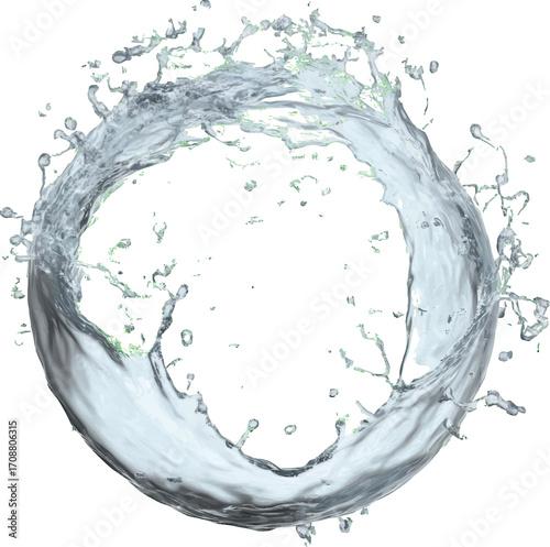 Circular water splash with green particles and droplets on a white background circle liquid