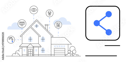 Modern house with smart home IoT devices including energy control, security, and lighting, linked by a networking icon. Ideal for automation, innovation, technology, connectivity, security