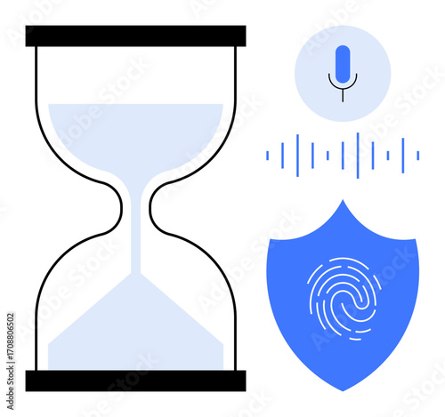 Hourglass symbolizing time, microphone with soundwaves for voice analysis, shield with fingerprint for data security. Ideal for time management, encryption, authentication, technology, safety