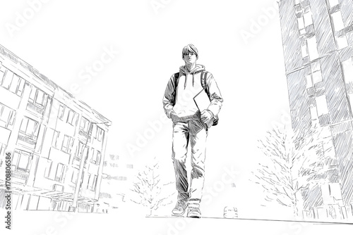Person walking down city street focused on individual urban setting pedestrian city life daily routine.