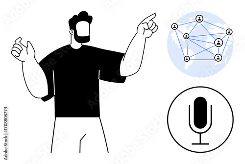 Man making a hand gesture, global network connected by user profiles, and microphone. Ideal for communication, collaboration, podcasting, networking, technology, remote work simple landing page