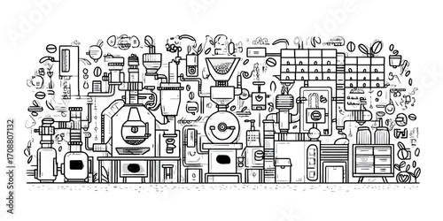 Intricate coffee processing plant illustration with detailed machinery.