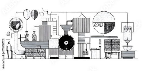 Black and white line drawing of a complex industrial machine.