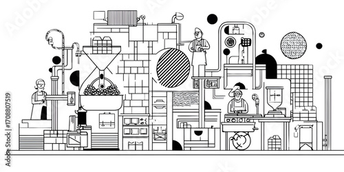 Intricate Industrial Illustration of a Complex Production Process.
