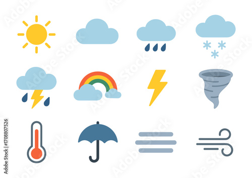 Weather icons collection: sun, clouds, rain, snow, storm, and wind in flat design