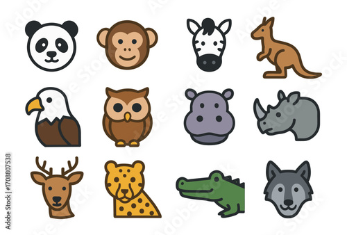 Cute animal icons: adorable cartoon faces of popular wildlife creatures