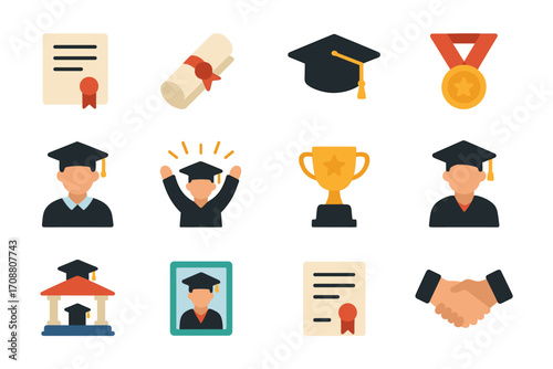 Education and graduation icons set featuring diplomas, caps, and awards in flat style