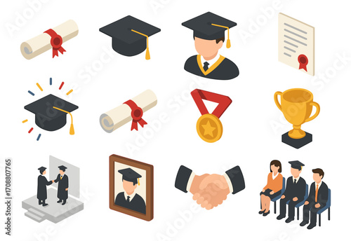 Isometric graduation icons: caps, diplomas, and trophies for academic success