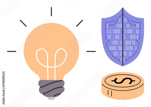 Lightbulb symbolizing creative ideas, a shield with binary code for cyber protection, and a coin for financial success. Ideal for innovation, technology, finance, security, strategy, digital economy
