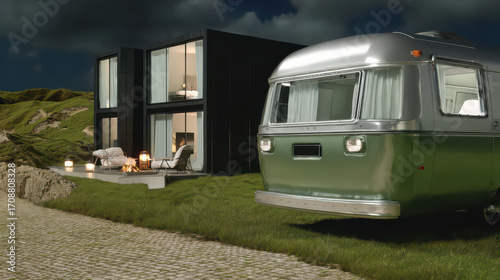 Wallpaper Mural Modern Home and Caravan: A striking image showcasing the harmony between contemporary architecture and the classic charm of a vintage caravan, offering a unique blend of modern and nostalgic design. Torontodigital.ca
