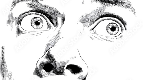 Close-up of a persons face expressing surprise or fear with wide eyes and an open mouth.
