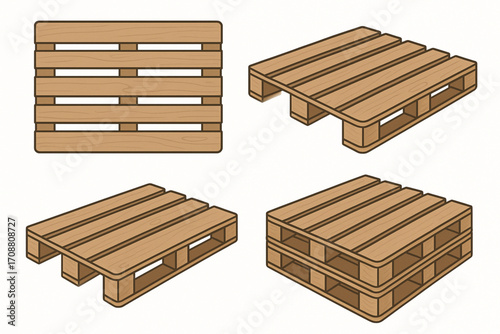 Wooden pallets vector illustration with Euro pallet set in multiple views and stacked design