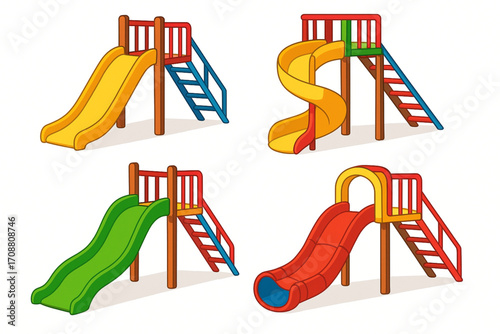 Vector illustration of colorful playground slides set with spiral, wave, tunnel, and straight designs