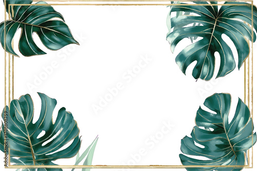 Gold rectangular frame with dark green monstera leaves on a white background vector illustration