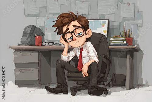 Exhausted Office Worker Slumped in Chair Cartoon.