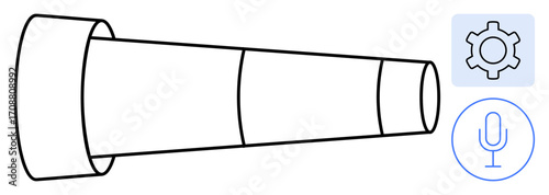 Telescopic lens for exploration paired with gear and microphone icons representing vision, technology, and connectivity. Ideal for innovation, research, communication, productivity, strategy