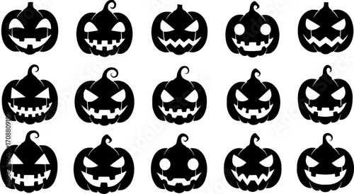 Halloween pumpkin faces,  simple black and white vector graphics, spooky, various expressions