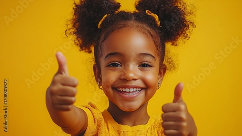 A smiling girl gives two thumbs up against a yellow background